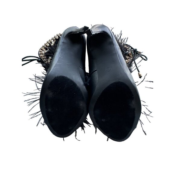 Jubilee Black Ankle Boots Peep Toe Feathers Rhinestone Lace Pearl Showgirl 7.5 - Picture 9 of 11